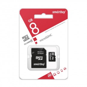 Карта памяти microSD 8 GB SmartBuy Class 10 (с адаптером SD)